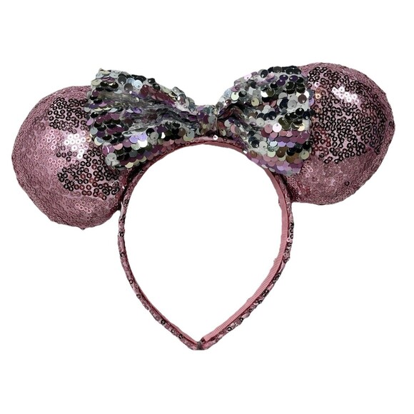 Disney Minnie Mouse Ears Headband Pink and Silver Sequins - Picture 1 of 5